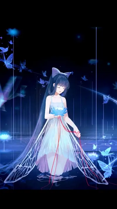 Girl in a blue dress with butterfly wings