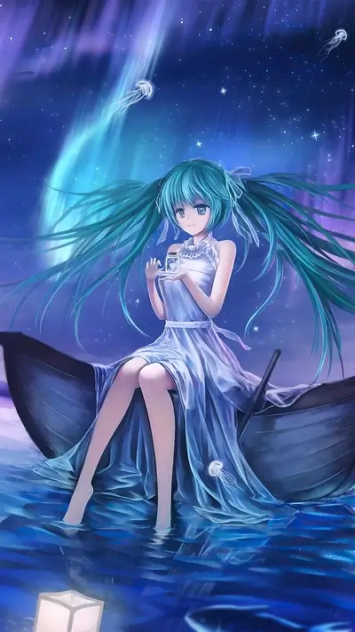 Girl in a boat under a starry sky