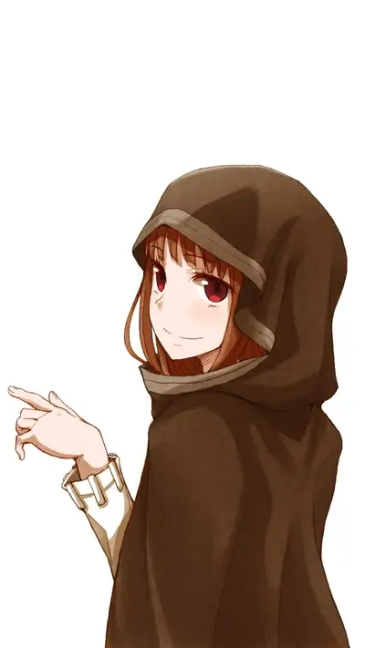 Girl in a brown hooded cloak points