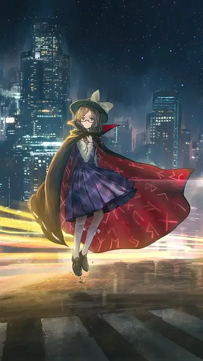 Girl in a cape flying over a city at night