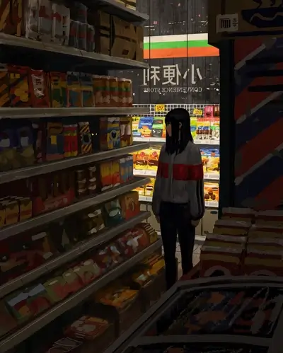 Girl in a convenience store at night