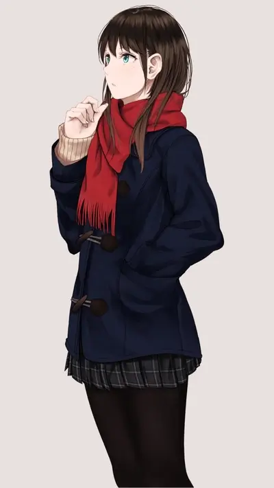 Girl in a dark blue coat and red scarf