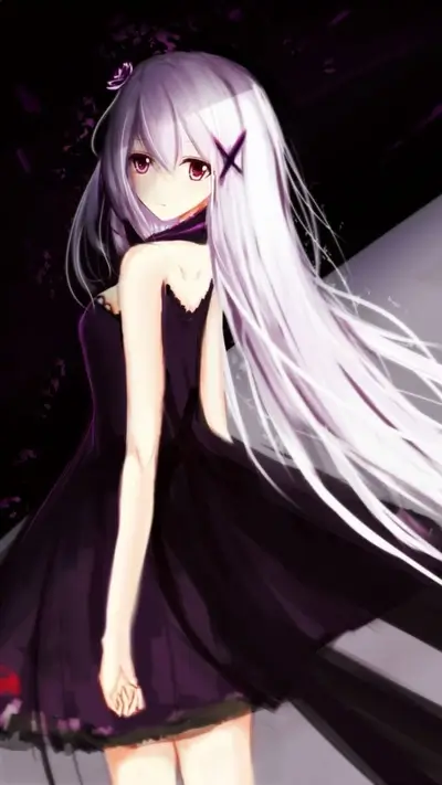 Girl in a dark dress with long white hair