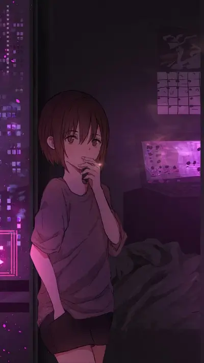 Girl in a dark room, city lights outside