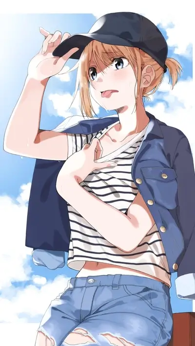 Girl in a denim jacket and cap, sweating
