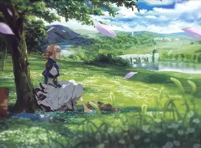 Girl in a dress sits by a tree, overlooking a river and bridge