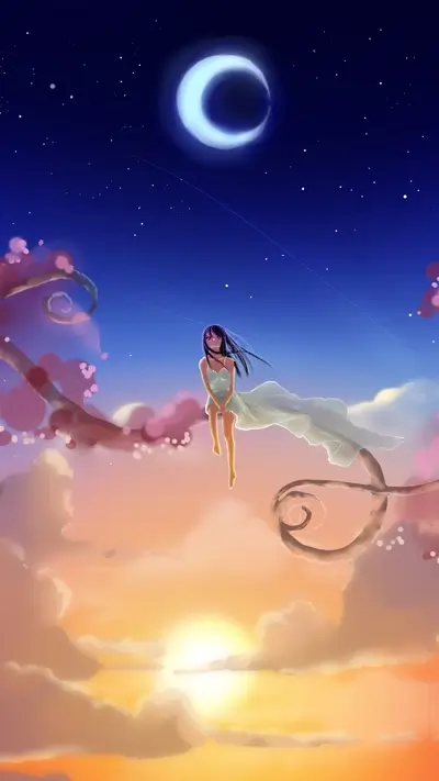 Girl in a dress sitting on a branch in the sky