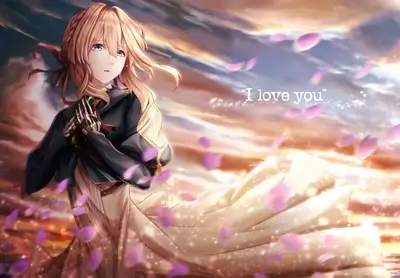 Girl in a dress, sunset background, petals falling
