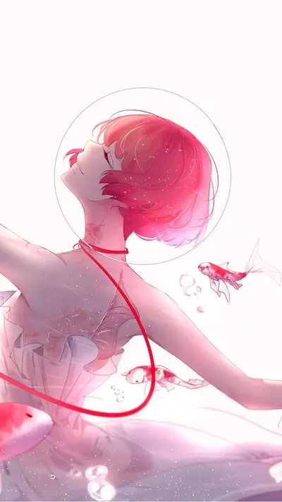 Girl in a dress surrounded by koi fish