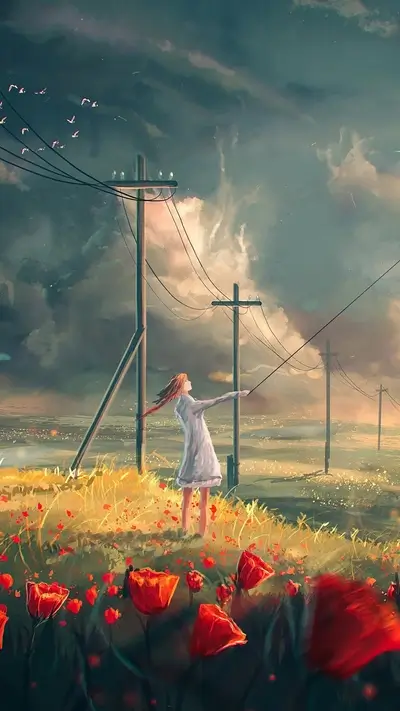 Girl in a field pulls a kite under a cloudy sky