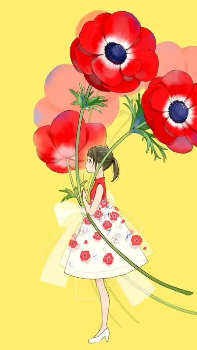 Girl in a floral dress holding giant anemones