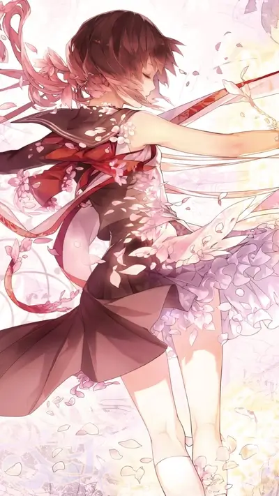 Girl in a flowing dress, surrounded by petals