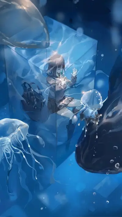 Girl in a glass cube underwater