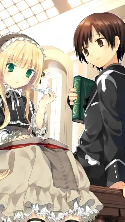 Girl in a gothic lolita dress and boy in a dark suit read books