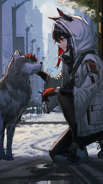 Girl in a hooded jacket petting a wolf in a snowy city