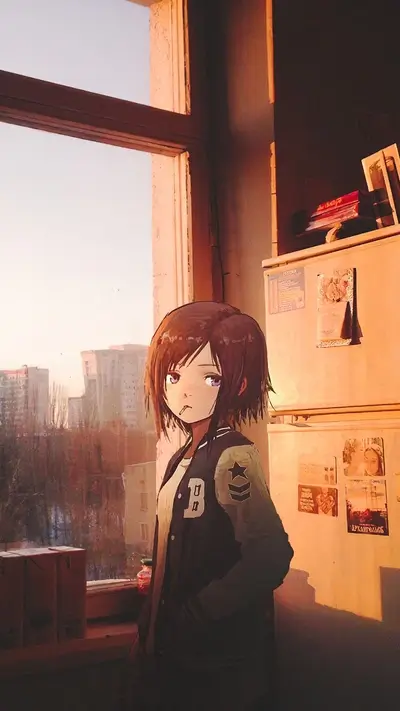 Girl in a jacket by the window at sunset