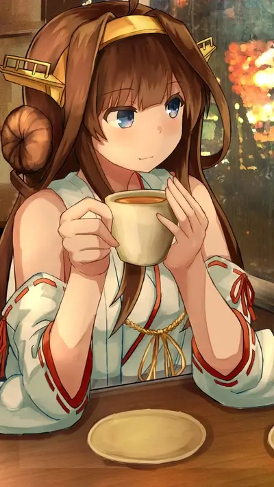 Girl in a kimono drinking tea near a window