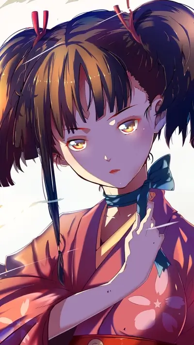 Girl in a kimono with her hair in pigtails