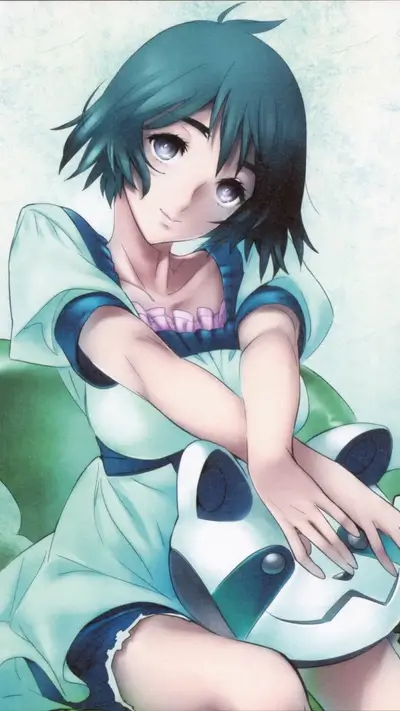 Girl in a light blue dress holding a panda-like mask