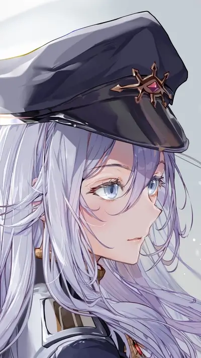 Girl in a military cap with long, flowing silver hair