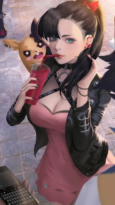 Girl in a pink dress and black leather jacket drinks a red beverage