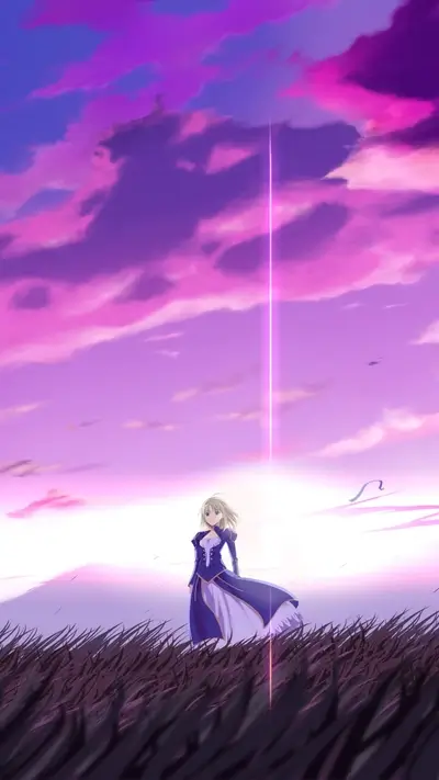 Girl in a purple dress stands in tall grass under a vibrant sky