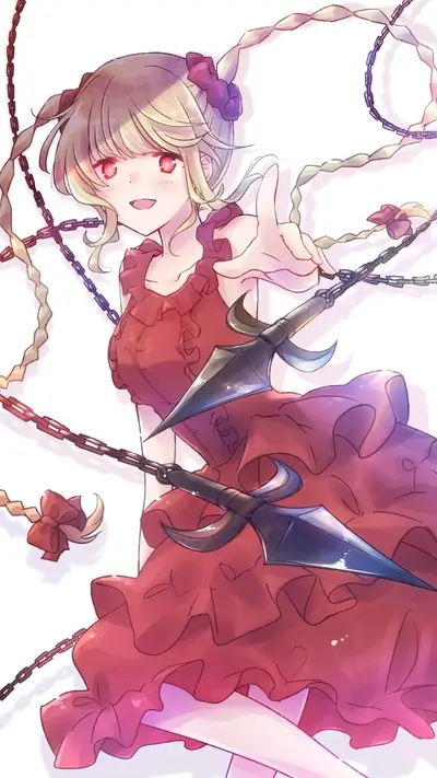 Girl in a red dress with two spears and chains