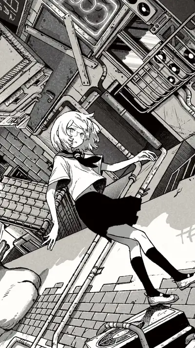 Girl in a ruined cityscape