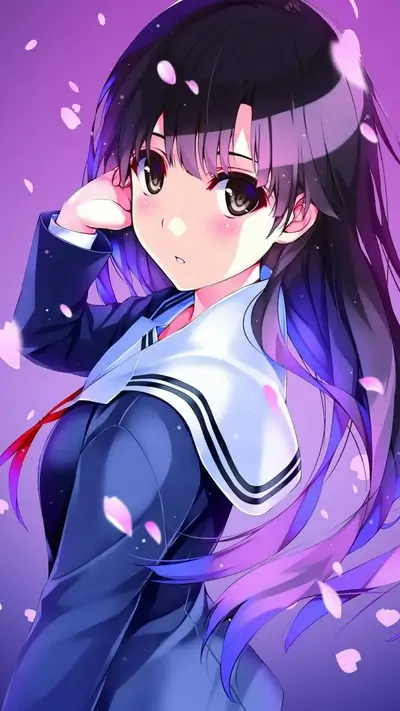 Girl in a sailor uniform with falling petals in the wind