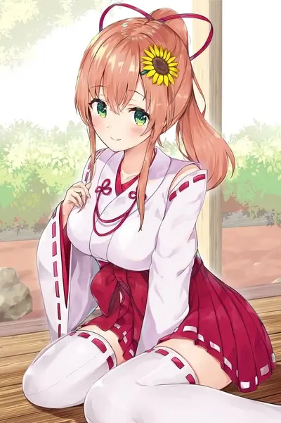 Girl in a shrine maiden outfit sits on wooden floor