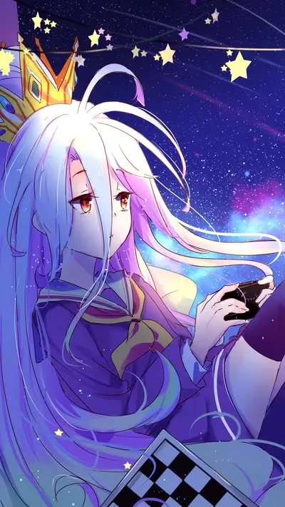 Girl in a starry night, playing a video game with chess.