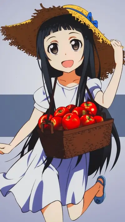 Girl in a straw hat carrying a basket of apples