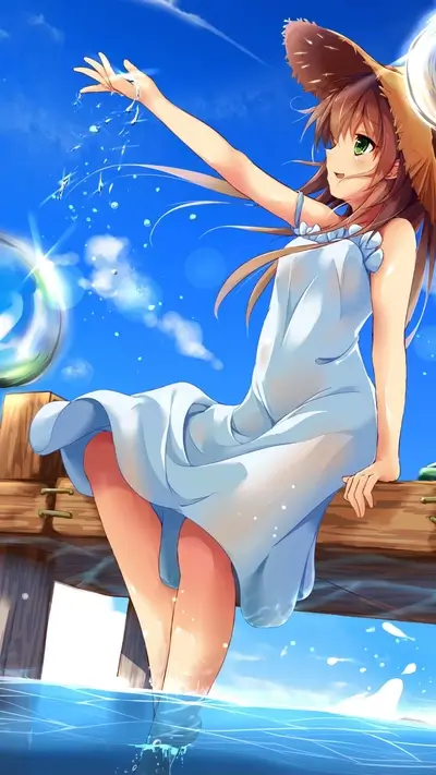 Girl in a summer dress playing by the water
