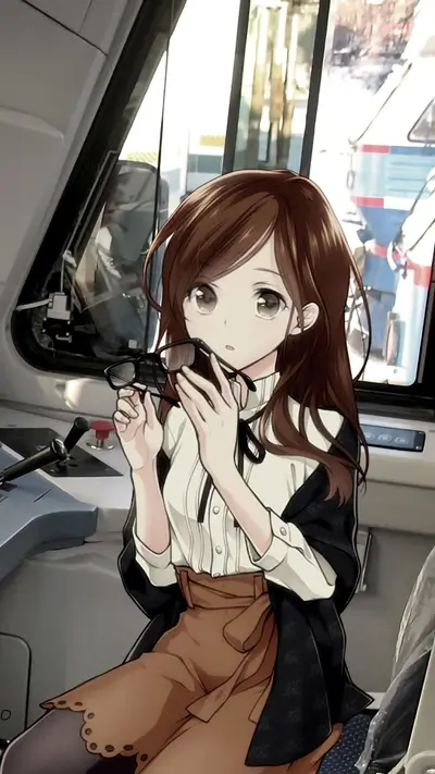 Girl in a train holding glasses