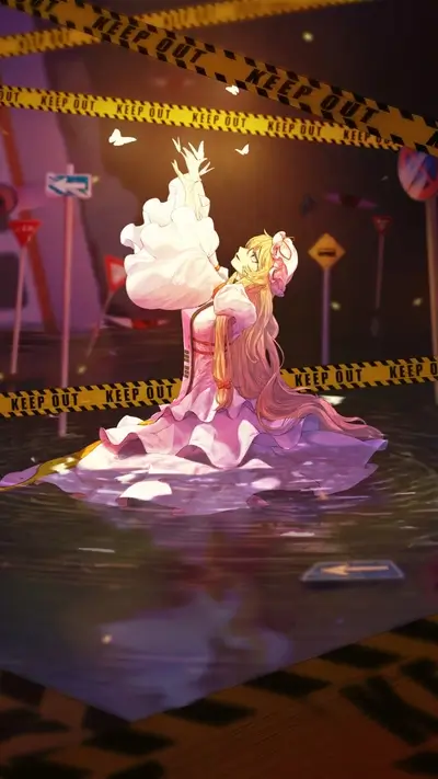 Girl in a white dress surrounded by caution tape
