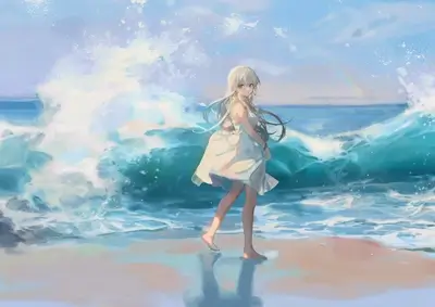 Girl in a white dress walking on the beach near large waves