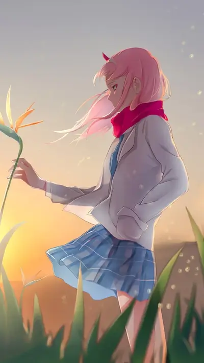 Girl in a white jacket, pink hair, sunset background