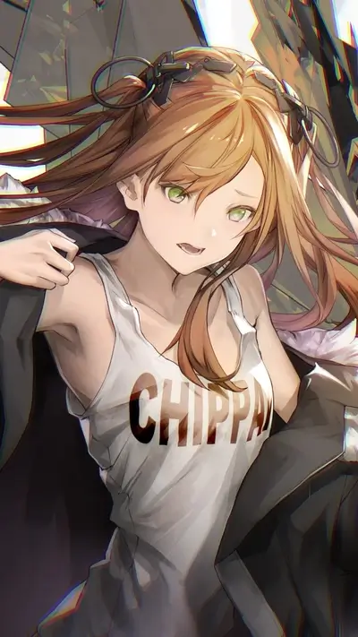 Girl in a white tank top with the word CHIPPA