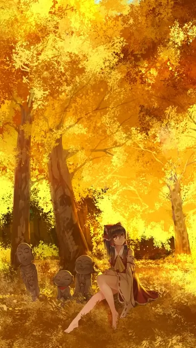 Girl in autumn forest with stone statues