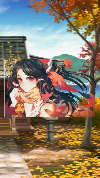 Girl in autumn leaves, scarf around neck, building and outdoor setting