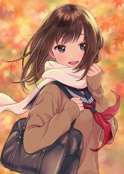 Girl in autumn leaves, school uniform, bag