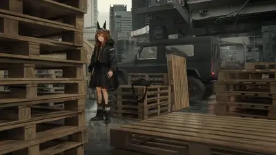 Girl in black coat standing near wooden pallets
