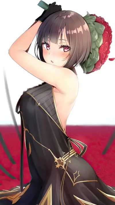 Girl in black dress holding roses