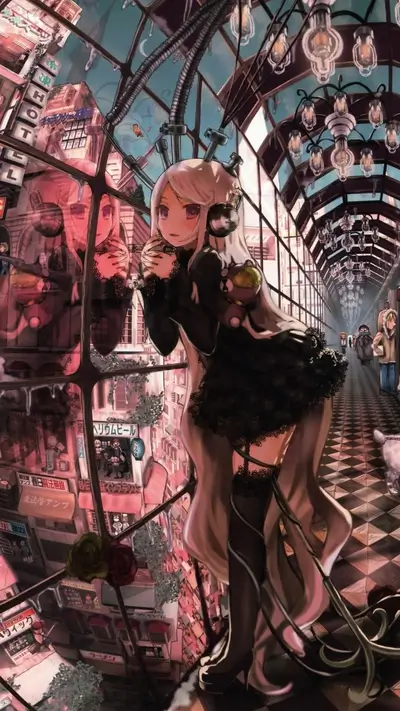 Girl in black dress in futuristic city