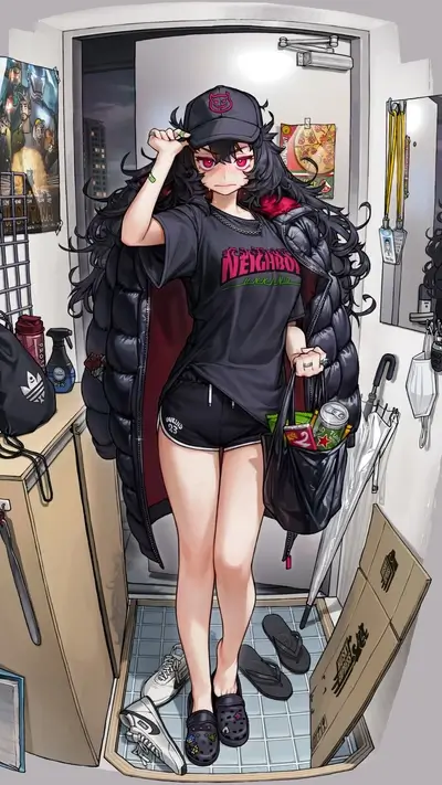 Girl in black outfit carrying a bag, standing in a hallway