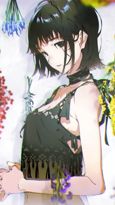 Girl in black top with flowers