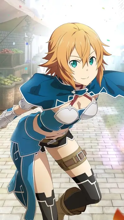 Girl in blue and white armor in a marketplace