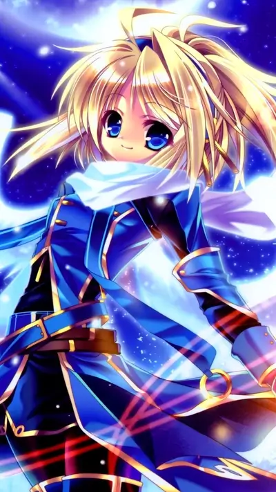 Girl in blue coat, blonde hair, magical setting