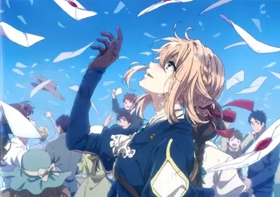 Girl in blue coat surrounded by letters