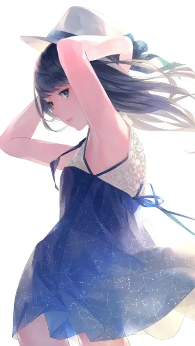 Girl in blue dress and hat, windswept hair